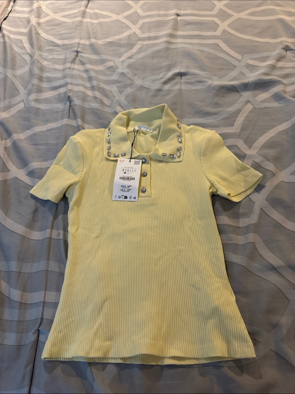 Women’s ' Yellow Short-Sleeve Ribbed Polo Top with Embellished Collar